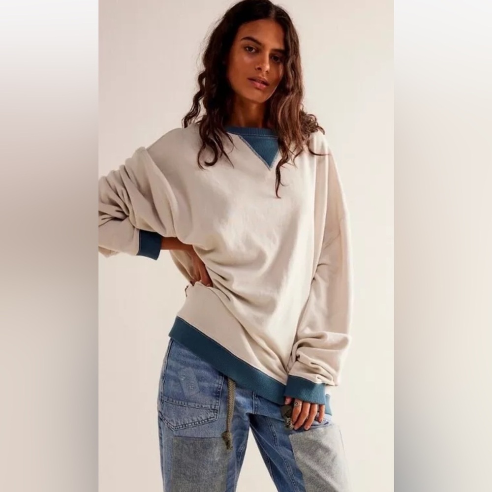 Free People We The Free Classic Crew Colorblock Sweatshirt Taupe Tea Combo